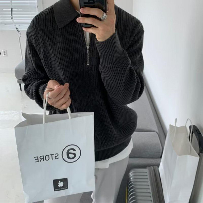 남성 노이스니트 오버핏 골지니트 반집업 카라 니트