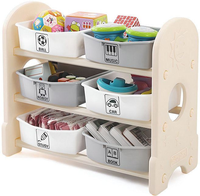 에듀플레이 3단 정리함 수납박스 6p + 스티커, 베이지, 1세트