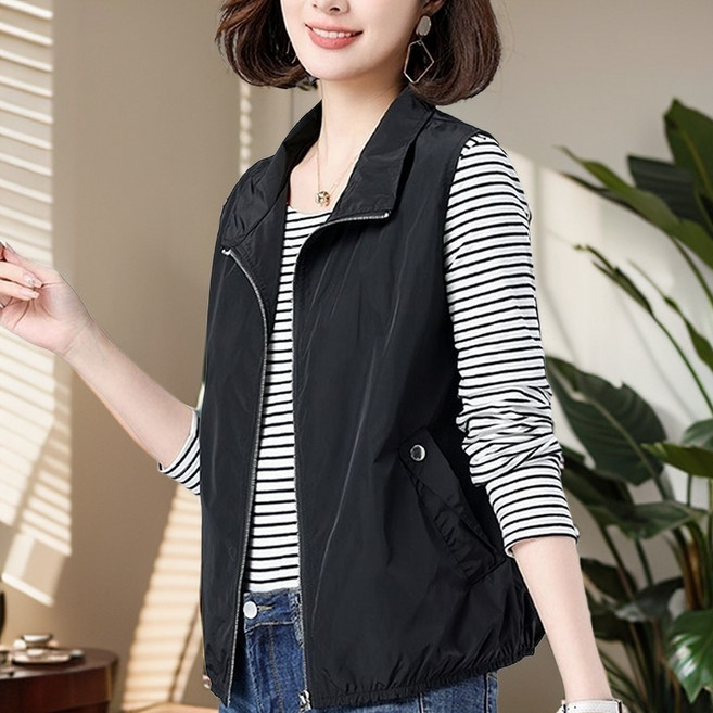 여성용 중년 빅사이즈 숏 바람막이 조끼 캐주얼 민소매 자외선 차단 베스트