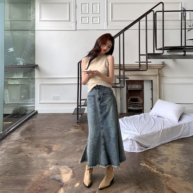 블랑루즈 빔즈 빈티지 데님 롱 스커트