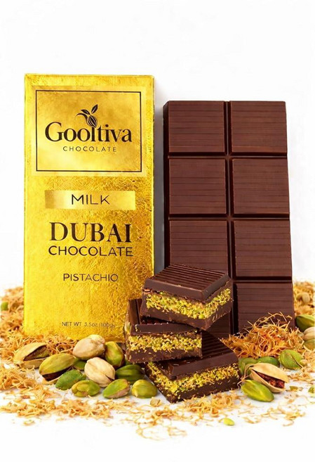 Gooltiva 두바이 초콜릿 럭셔리 밀크 피스타치오 카다이프 바 (3.3온스) - 33% 진짜 피스타치오가 함유된 유일한 크리미 & 크리스피 발렌타인 데이 선물 모든 행사를, 다크 초콜릿, 100g, 1