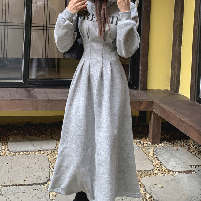 떳다그녀 콤비 다트 후드 롱 원피스