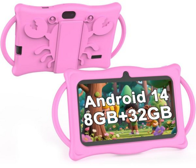 바이앤바이 키즈 태블릿 7인치 안드로이드 14 용 8GB+32GB 저장공간+1테라 확장 가능 쿼드코어 유아용 충격 방지 케이스 포함 블루 블루투스 와이파이 부모 통제 이중 카메, BYANDBY 분홍색