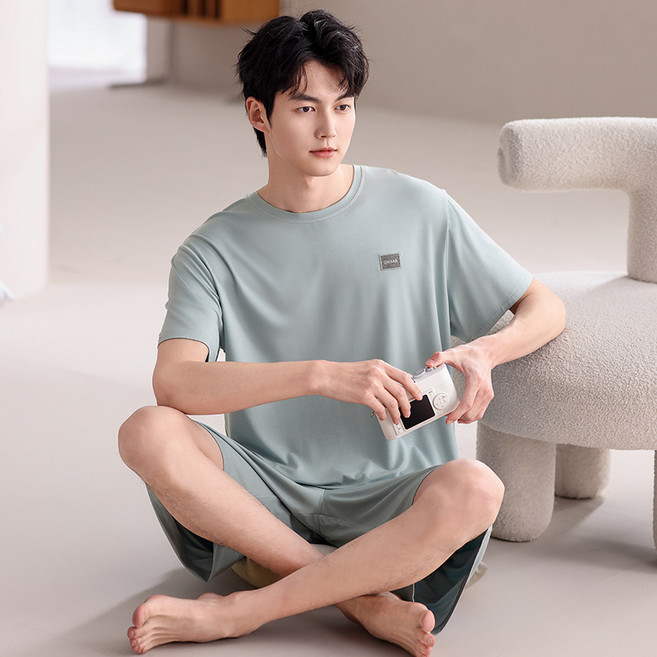 여름남성 파자마 모달 면 반팔 빅사이즈 캐주얼 남성 외출 가능 잠바지 조끼 홈웨어 세트