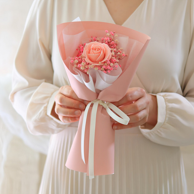 센트바스켓 비누꽃 프리저브드 안개 믹스 한송이 장미 꽃다발, 핑크, 1개