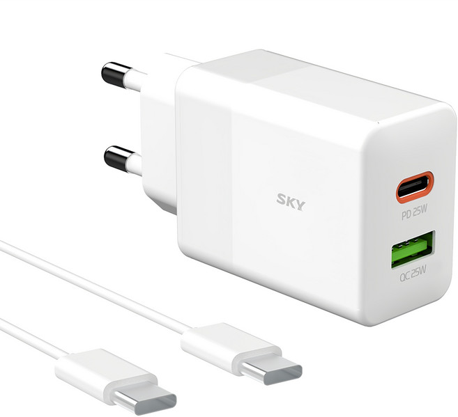 SKY 필 Q2S PD PPS 25W USB 듀얼 초고속 충전기 어댑터 + 고속 충전 케이블, 화이트, 1세트
