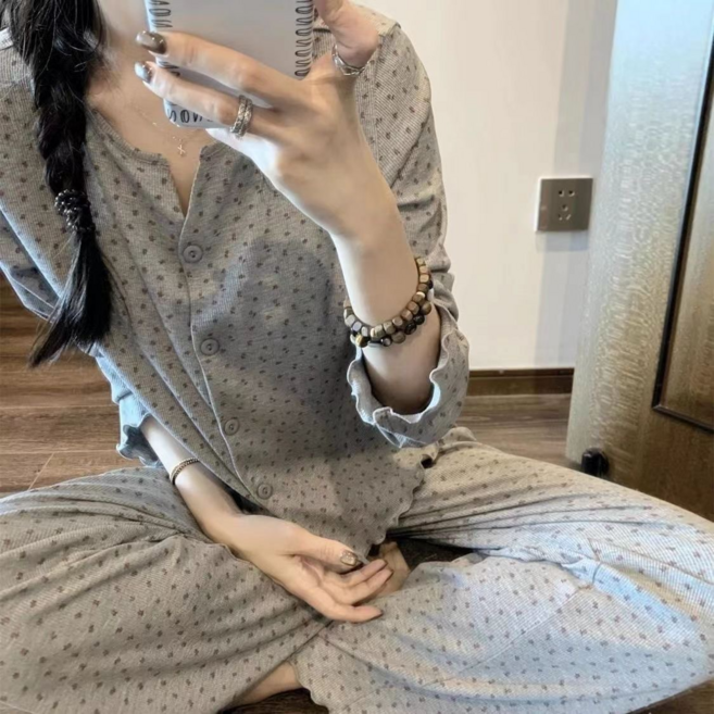 復古滿印甜美睡衣女寬鬆開衫長袖長褲家居服套裝