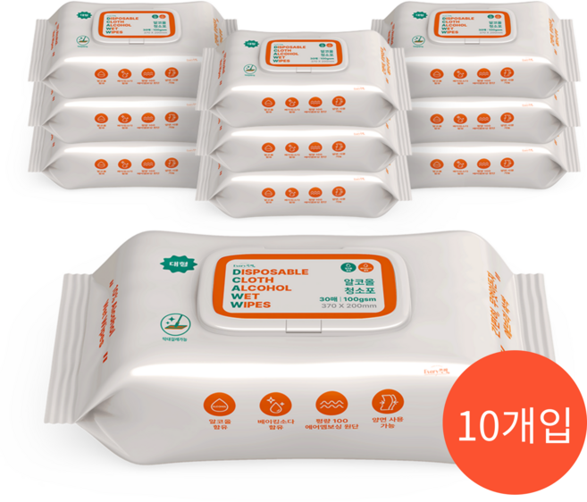 [에브리쓱싹] 기름때 찌든때 소독 알코올 베이킹소다 청소포100 대형 30매, 10개