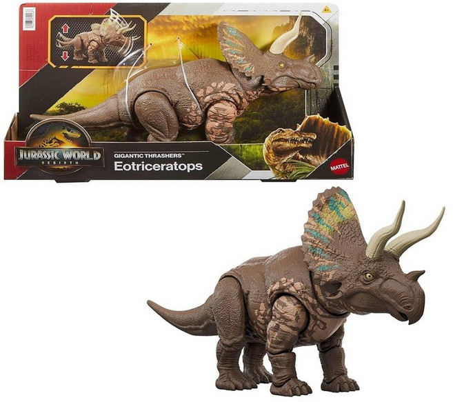 Mattel 쥬라기 월드 리버스 자이간틱 스래셔 티라노티안 공룡 피규어 장난감 꼬리 활성화 램 페이지 공격 디지털 플레이, Eotriceratops