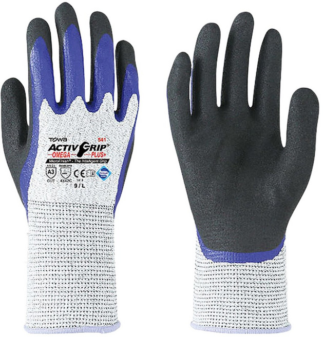 토와 엑티브그립오메가플러스 코팅장갑 (컷 C레벨 ANSI 3 니트릴 이중코팅), 네이비그레이 9호, 1세트