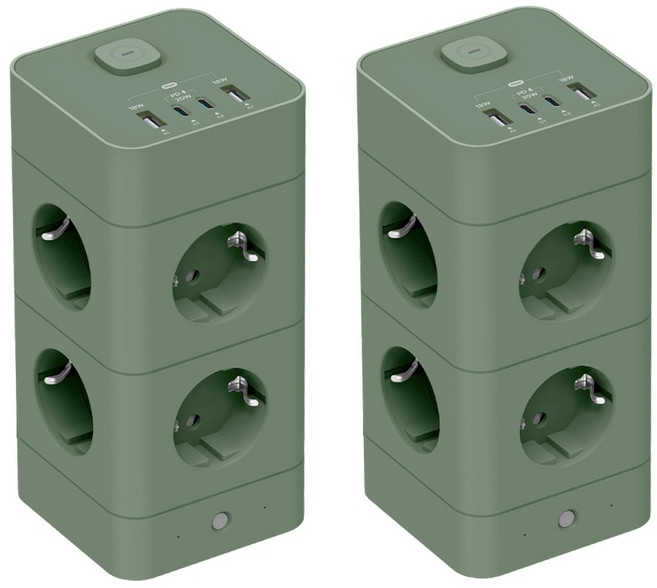 혼카 1+1 에코너 타워형 큐브 멀티탭 4000W 고용량 고속충전 8구 12구 16구 USB-A 2개 + C타입 2개 MT08 MT09 MT10, 에코너 MT09 프로스트 그린, 180cm