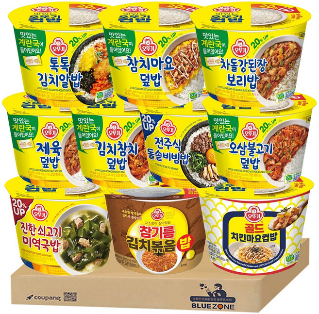 오뚜기 컵밥 20% UP 계란국포함 10종 1세트 (톡톡김치알밥+참치마요+강된장보리밥+제육+김치참치+돌솥비빔밥+오삼불고기+쇠고기미역국+참기름김치볶음밥+치킨마요)