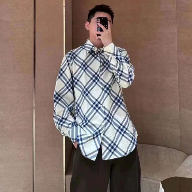 봄 가을 긴팔 면 셔츠 유행 여유로운 핏 남성 캐주얼 체크 무늬 셔츠
