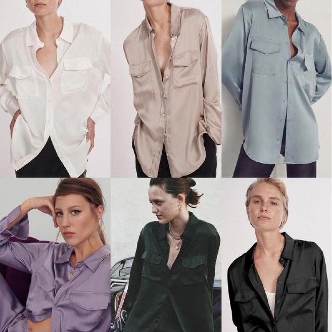 블루밍가든 실크100 블라우스 광택 유광 샌드워시 투포켓 새틴 사틴