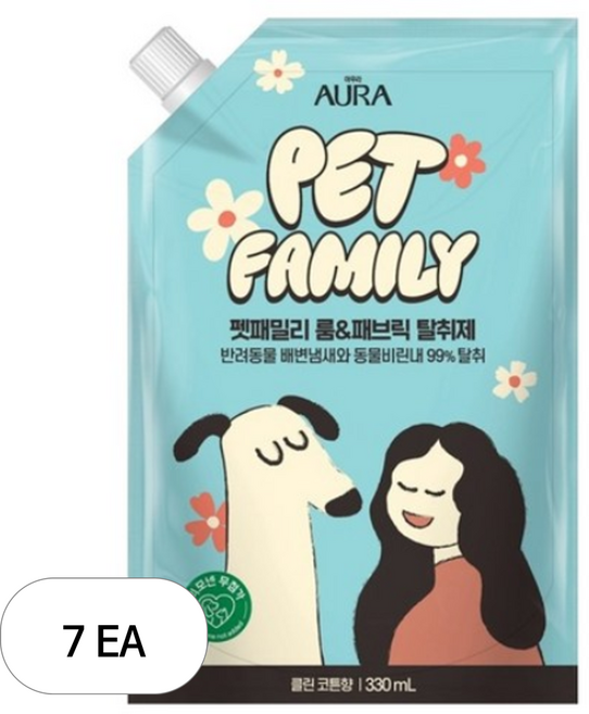 아우라 펫패밀리 룸 앤 패브릭 탈취제 클린코튼향 리필, 330ml, 7개