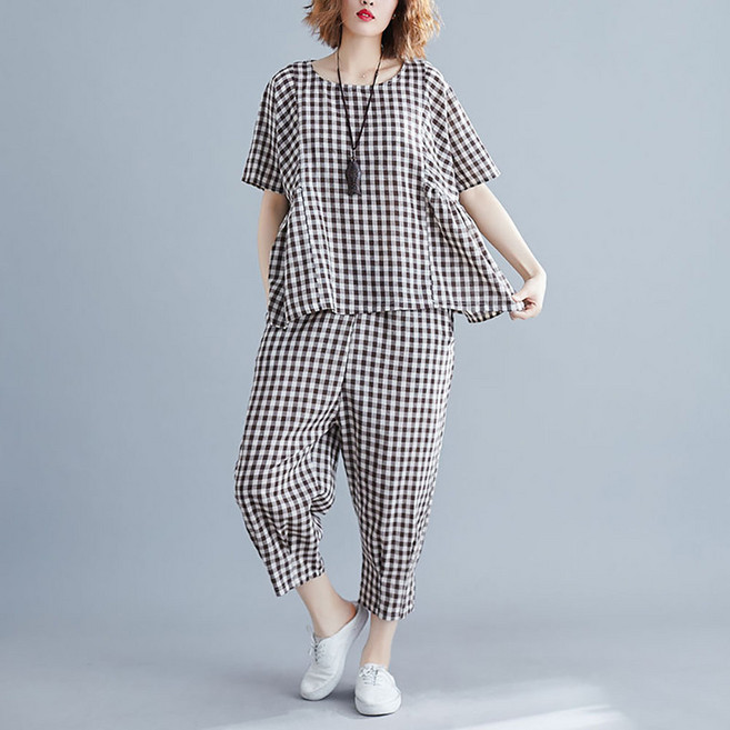 지고다그 여성 여름 체크 반팔 상하의 세트 통큰 사이즈 캐주얼 면 반팔 바지 투피스 YZH72428