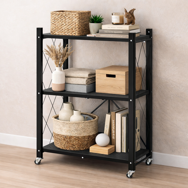 센스킹 철제 수납선반 원터치 간편 폴딩선반 다용도 고강도 접이식 철제선반, 블랙, 3단