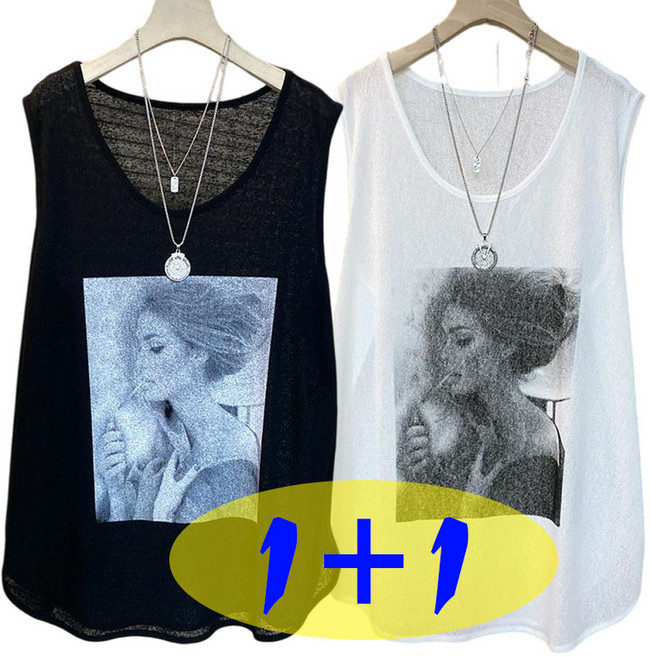 1+1 여성용 데일리 150kg이내 빅사이즈 라운드넥 민소매 티셔츠 루즈핏 캐주얼 프린트 나시