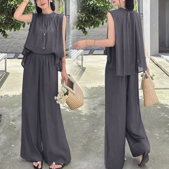 Asure 여자 여름 민소매 블라우스+루즈핏 와이드 팬츠 투피스