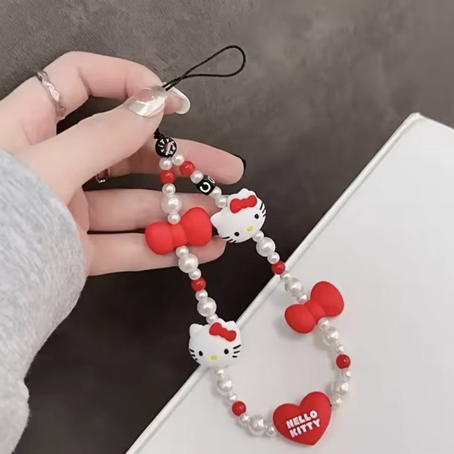 키티 키링 휴대폰 스트랩 키링 열쇠고리 가방고리 목걸이줄 백참 폰꾸, 1개, 키티레드