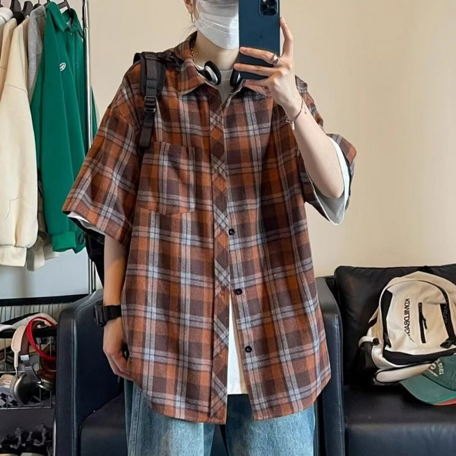 格紋襯衫男 M-3XL 五分袖 美式復古 高級感 潮牌 痞帥 港風復古 寬鬆百搭
