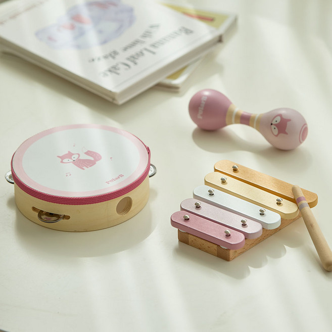 폴라비 유아 아기 원목 리듬 악기 놀이 세트, 핑크, 1개