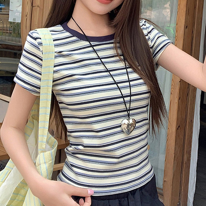 cammello 데일리템 캐주얼 스트라이프 반팔티 단가라 세미크롭 반팔 티셔츠