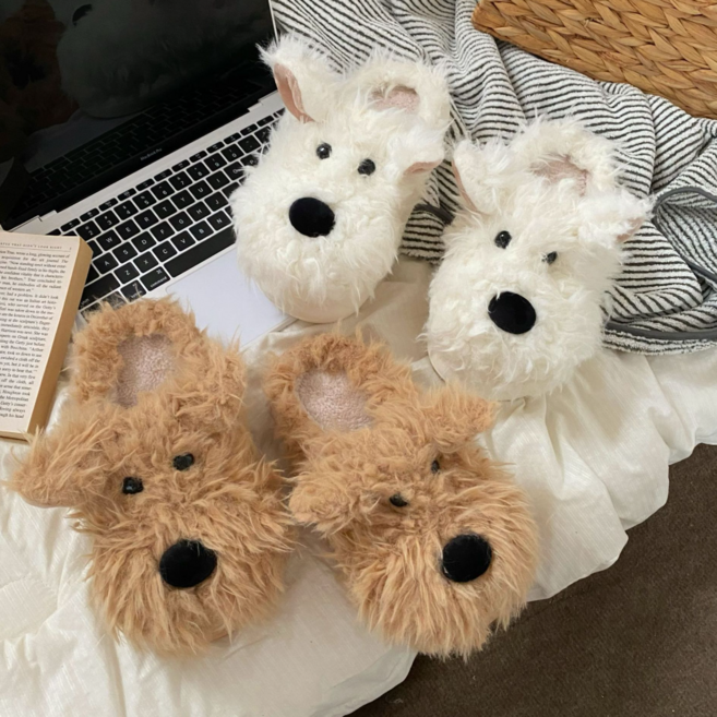 커플 강아지 겨울 털 실내화 슬리퍼 남녀공용 귀여운 캐릭터 방한 뽀글이 퍼 쿠션 거실화