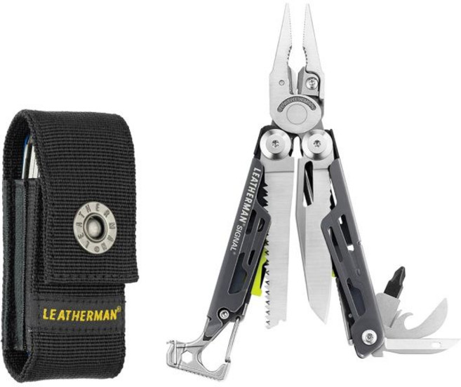 레더맨 시그널 19-in-1 멀티툴 야외 캠핑 하이킹 낚시 생존용 내구성이 뛰어나고 가벼운 EDC 미국 제조 코요테 탄, 그레이/옐로우 및 나일론 칼집, Grey/Yellow, 1개