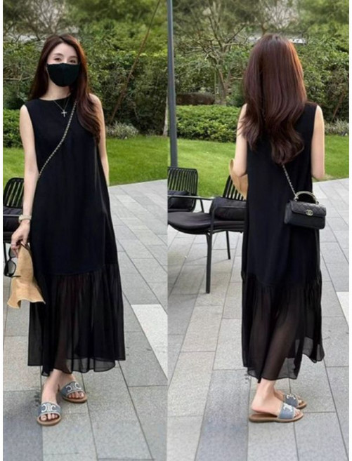網紗拼接黑色無袖連衣裙 女 夏季 赫本風 長裙, 黑色