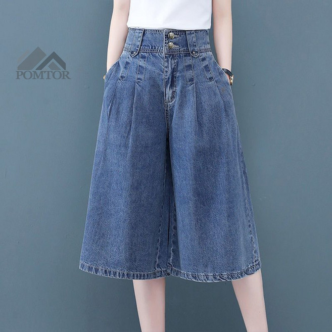 POMTOR 여름 여성 와이드 5부 청반바지 베이직 하이웨스트 빅사이즈 데님