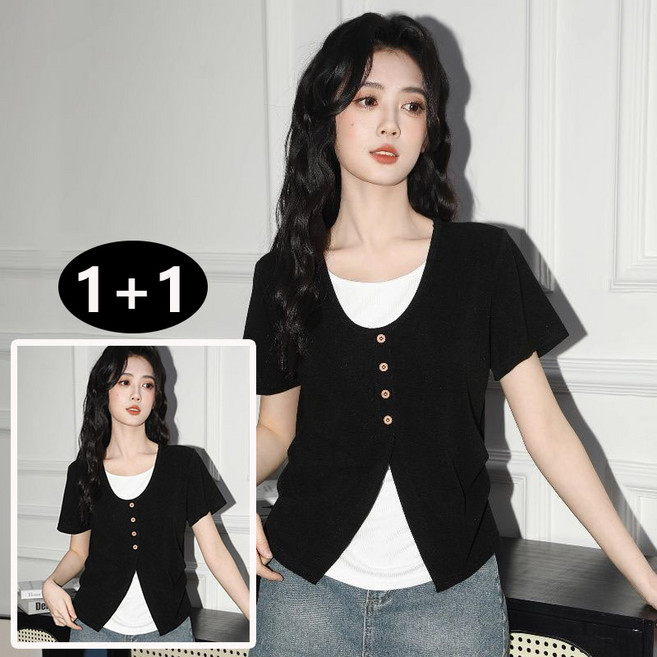 MAKABORO 1+1 여성 레이어드 반팔 티셔츠 여름 얇은 라운드넥 슬림핏 캐주얼 티셔츠