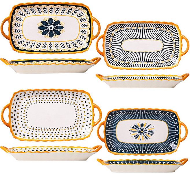 BLOWFISHFUGU 아이디어 북유럽 식기 예쁜 접시 12인치 생선접시 손잡이 접시 양손 불판 9.25인치접시, 4개, 생선접시a+생선접시b+생선접시c+생선접시d