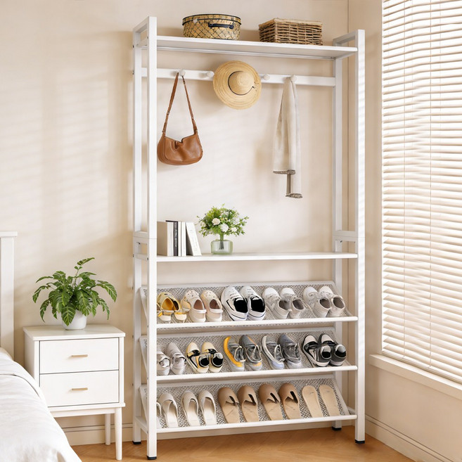 SeekFun 신발장 다용도 옷걸이 4단 슬림 선반 공간활용 신발 수납 정리대 700mm 900mm, 화이트 M