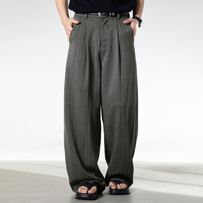 코디코치 남성 핀턱 와이드 스트라이프 슬랙스 벌룬핏 롱 트라우저 세미와이드 밴딩 바지