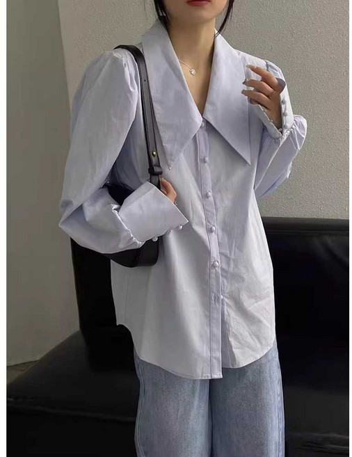 빅카라블라우스 봄 셔츠 남방 왕카라 디자인 연예인셔츠 하늘색 어깨퍼프 파워숄더