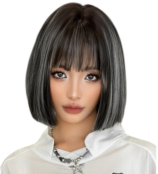 가발위드 여성 가발 단발머리 통가발 투톤 스트레이트 실그레, 1개, 블랙실버