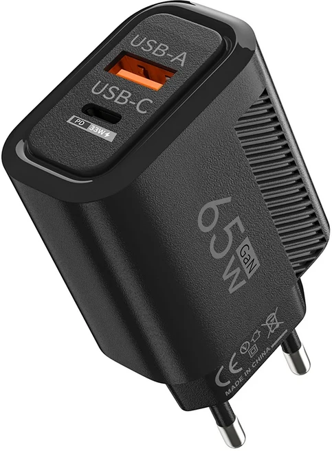 65W GaN 듀얼 포트 충전기 2 in 1 EU US 플러그 USB 호환 C QC3.0 고속 충전 벽면 퀵 차징 전원 어댑터, 04 Black EU