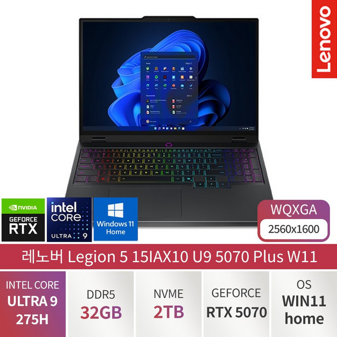 레노버 Legion 5 15IAX10 Plus 83F0002 Ultra 9 275HX 지포스 RTX 5070 Win11 가성비 전문가용 디자이너용 대학생용 사무용 게이밍 노트북, 83F0002GK, WIN11 Home, 32GB, 2TB, 이클립스 블랙