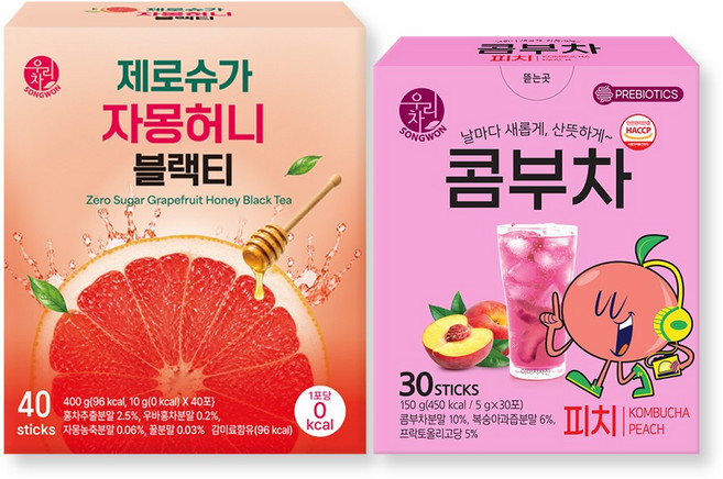 우리차 제로슈가 자몽 허니 블랙티 40T + 콤부차 피치 30T