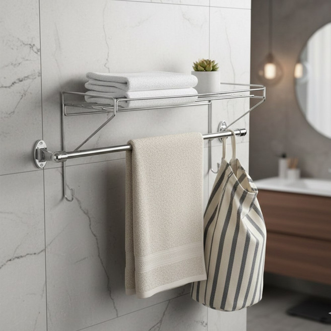 루네즈 무타공 욕실 수건걸이 선반, 실버, 1개