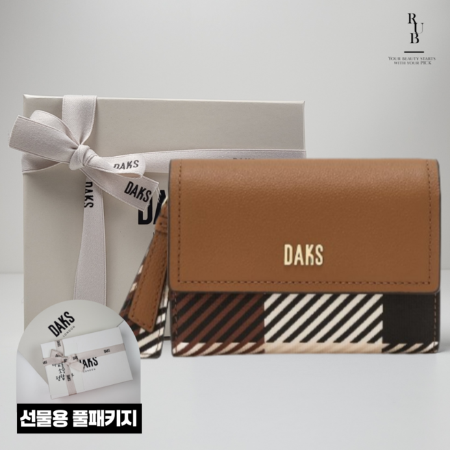 닥스 여성 탈부착 가능한 장식 체크배색 브라운 가죽 반지갑 선물용 풀패키지