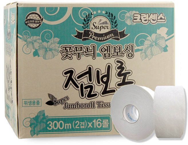 크린센스 슈퍼 꽃무늬 엠보싱 점보롤 300m(2겹)x16롤, 1개, 16롤