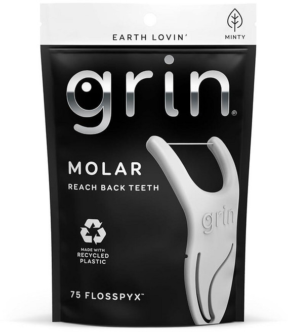 GRIN Molar Flosspyx 치실 픽 75개 민트 맛 재활용 플라스틱 등 치아에 닿기에 적합 치아 사이를 쉽게 미끄러짐 안전하고 부드러운 접이식 피크 포함, 1개
