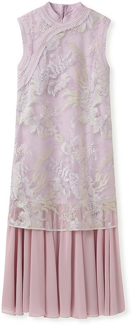 【新中式高定】旗袍裙 連衣裙 女裝 連衣裙女 旗袍 連衣裙女夏 釘珠印花拼接 立領無袖 高端宴會 國風改良 2026新款, 紫色