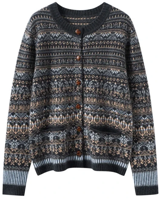 여성 니트 오픈 가디건 캐시미어 라운드 넥 풀오버 기하학 패턴 슬림핏 아우터 빈티지 페어 아일 스타일, 01 Greyish blue, 03 M