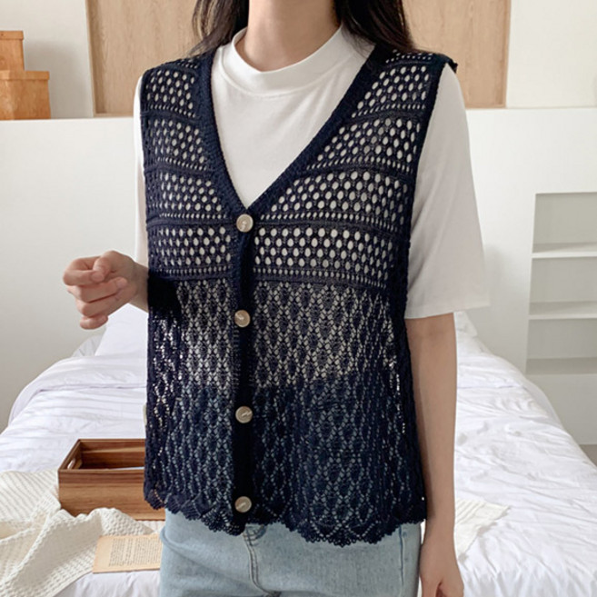 데이즈원 여성 여름 조끼 브이넥 레이어드 펀칭 니트 베스트