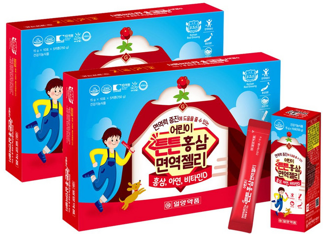 우리 아이 면역과 영양보급 튼튼홍삼 국내산 6년근 홍삼 녹용발효추출분말 자일리톨 맥아추출물 식물혼합추출물 18종 오렌지맛 젤리 스틱포, 1세트