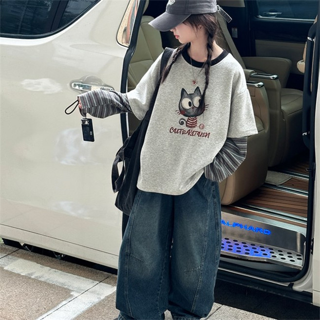 비비키드 고양이 캐릭터 스트라이프 페이크 레이어드 주니어 상의 초등생 하의 세트 여아 봄 가을 세트 초중생 긴팔 데님 긴바지 초등생 상하세트 (99587)