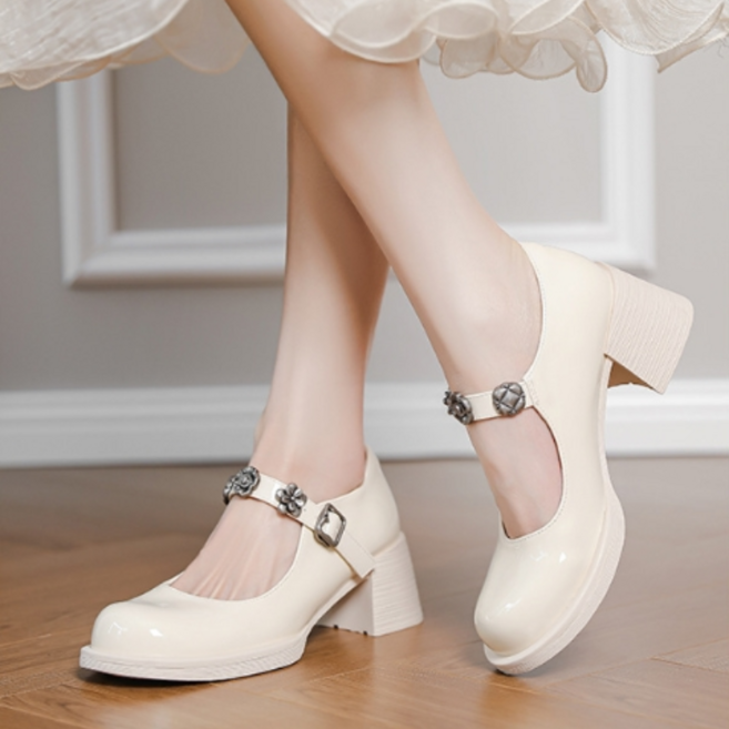 POMTOR 여성 메리제인 구두 6cm 굽 광택 레더 1자 스트랩 오피스 워킹힐